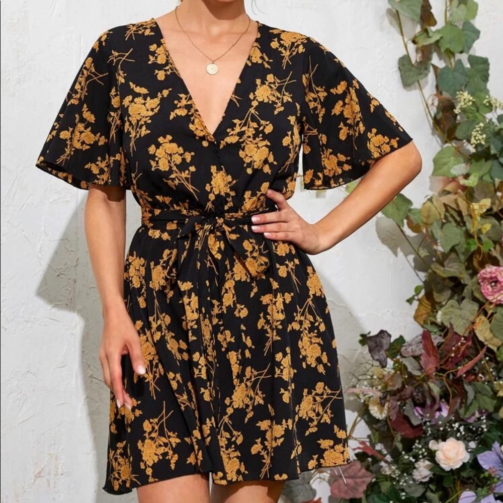Bell Sleeve Belted Floral Print Dress